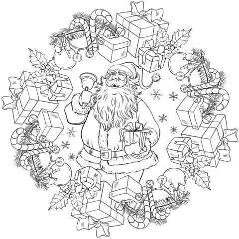 Christmas Mandala With Santa Claus And Presents Coloring Page